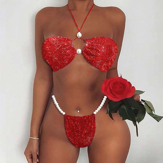 Sexy Chain Pearl Maroon Bikini Set