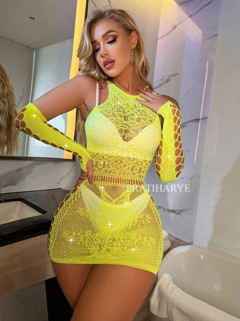 Rhinestones Fishnet Teddy Bodysuit