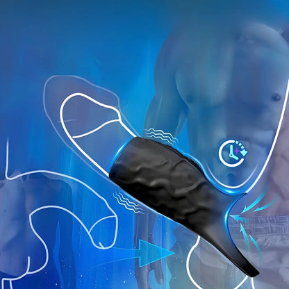 Black vibrating massager with glowing control icon and side waveform lighting