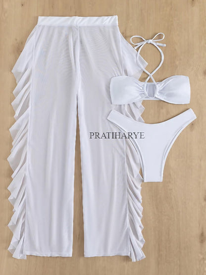 3Pc Beachwear With Ruffle Pant Meterials