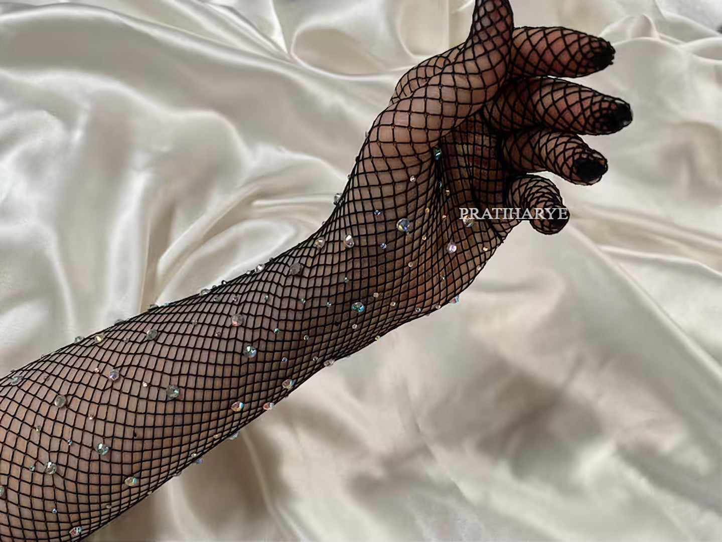 Rhinestone Fishnet Long Gloves