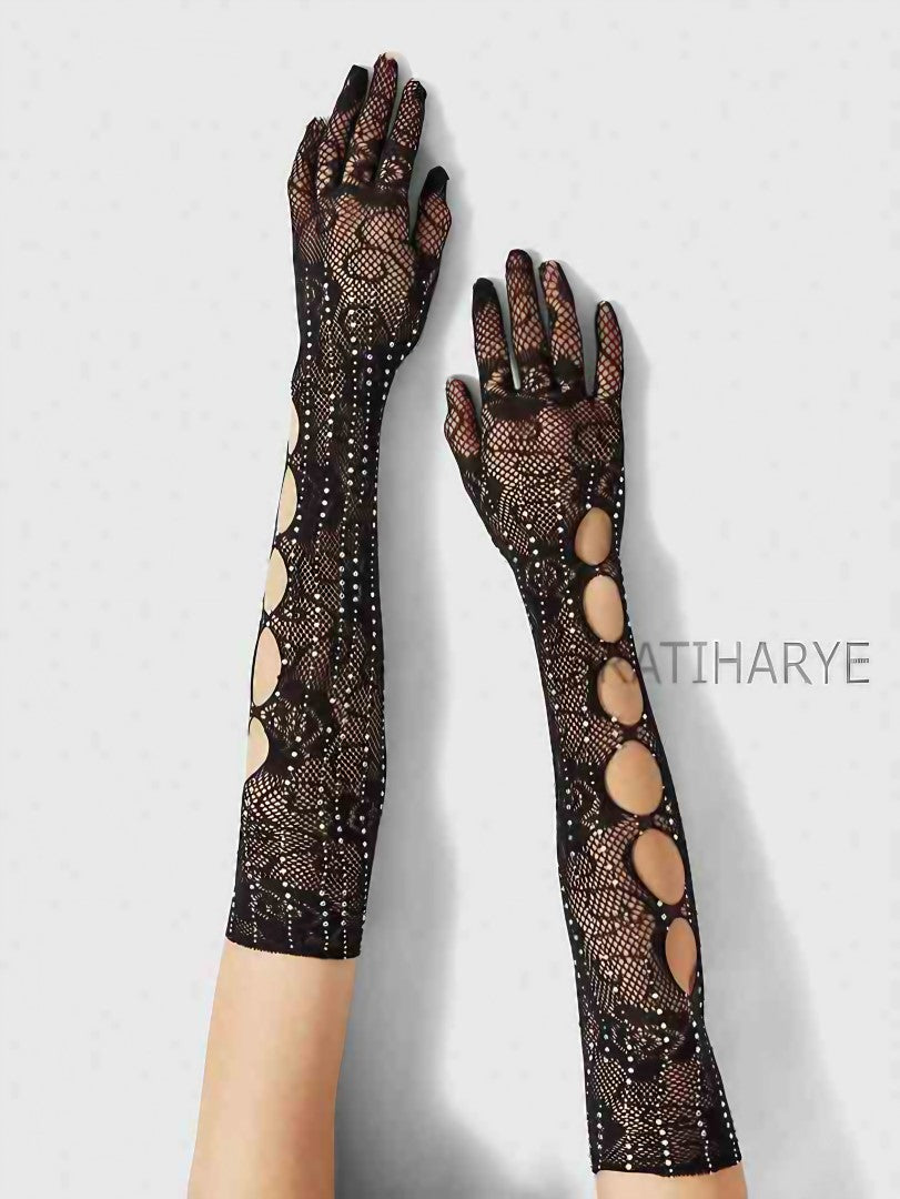 Rhinestone Fishnet Gloves