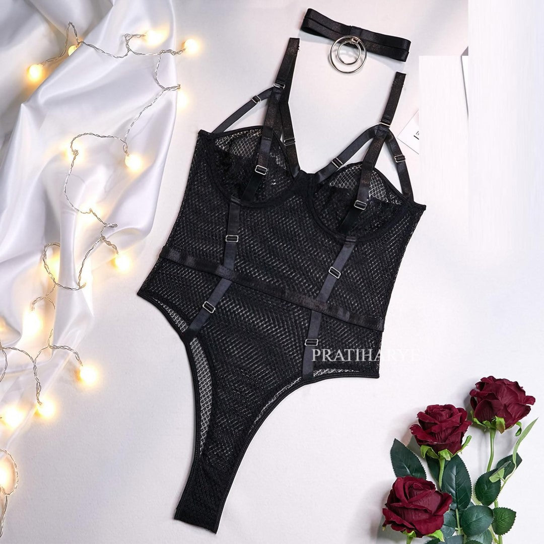Mesh Cut-Out Underwire Teddy Bodysuit with Choker