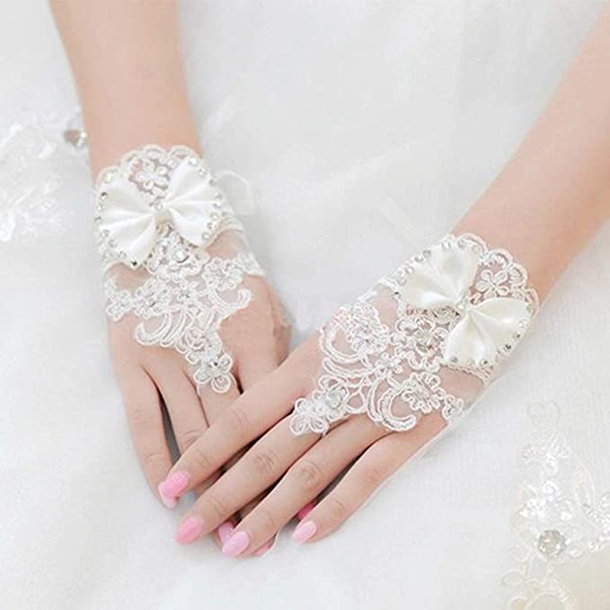 Short Bride Lace Gloves with Crystal Beading