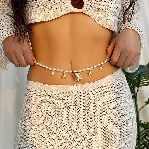 Women’s Pearl Beaded Shell Charm Waist Chain Belly Chain