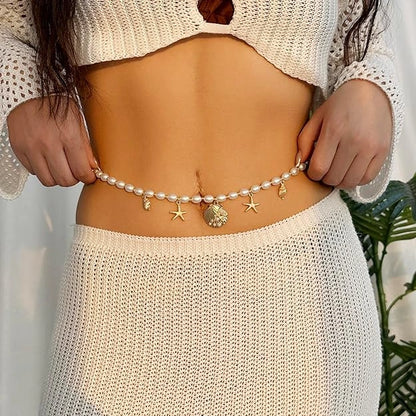 Women’s Pearl Beaded Shell Charm Waist Chain Belly Chain