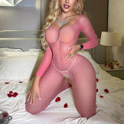 Open Crotch Sexy Lingerie Rhinestone Fishnet Bodystocking
