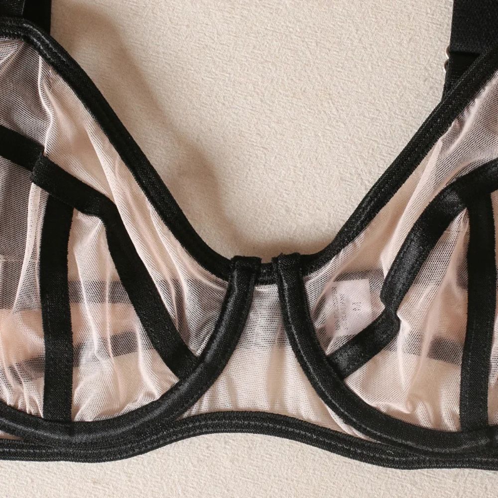 Trending Sheer Contrast Lingerie set with Black Stocking