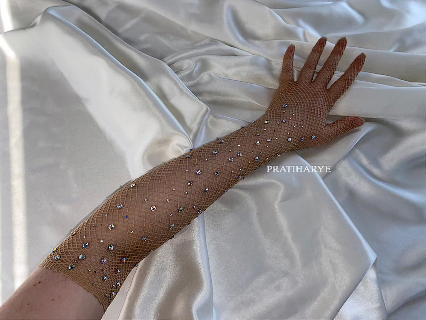 Rhinestone Fishnet Long Gloves