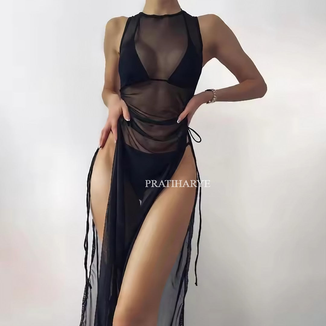 Side Slit Long Gown Beachwear in Black