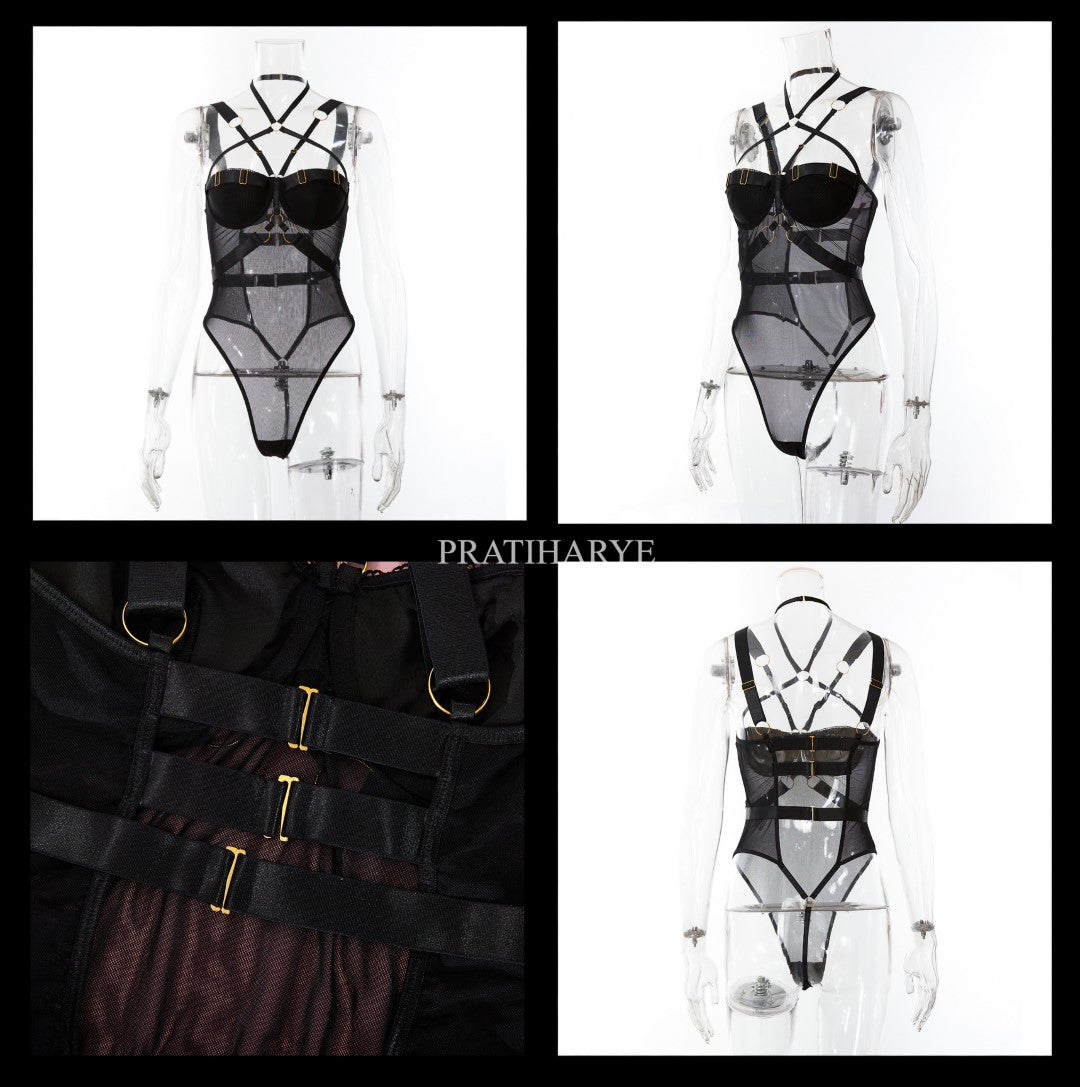 Pratiharye Premium Contrast Mesh Harness Underwire Teddy Bodysuit - Strap Detail - Non Padded - Sexy Lingerie for Women