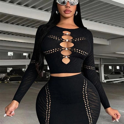 Black Long Sleeve Cutout Top &amp; Mesh Accent Mini Skirt