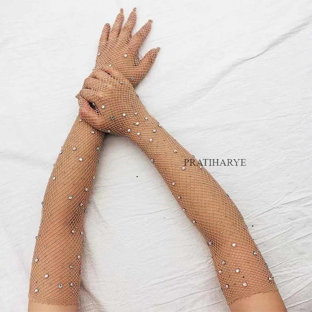 Rhinestone Fishnet Long Gloves