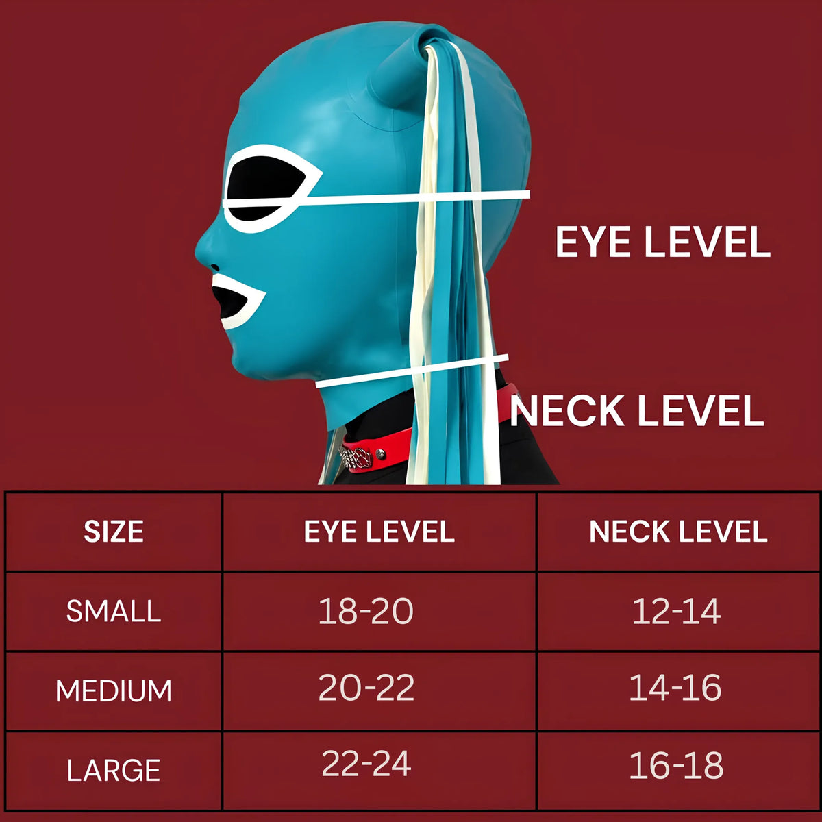 Teal latex hood mask with black eye and mouth cutouts, double long ponytails