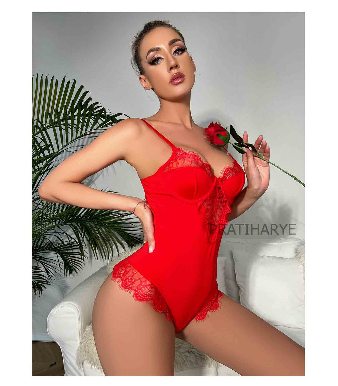 Solid Lace Neck Red Bodysuit