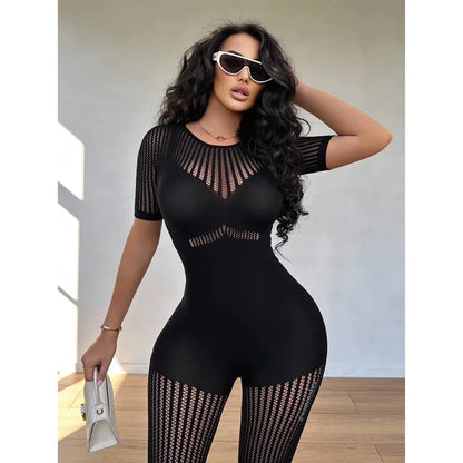 Black Stripped Fishnet Bodystocking