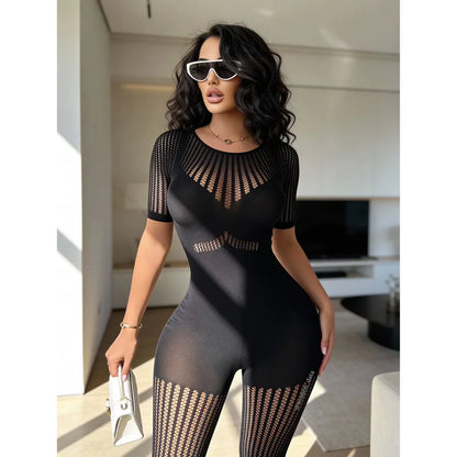 Black Stripped Fishnet Bodystocking