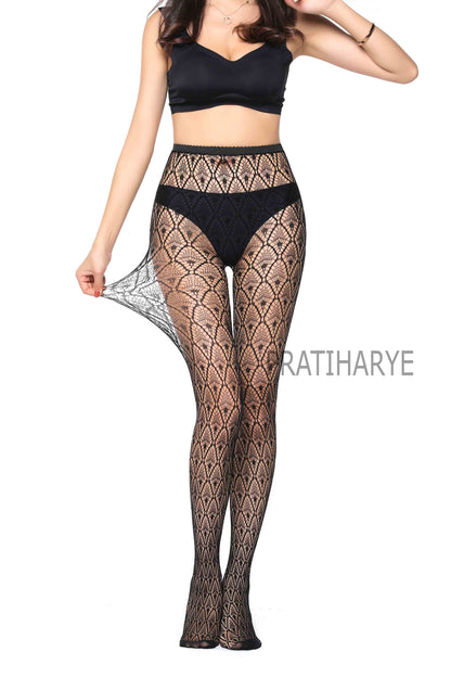 Lace Pattern High Waist Fishnet Pantyhose Stocking - D1