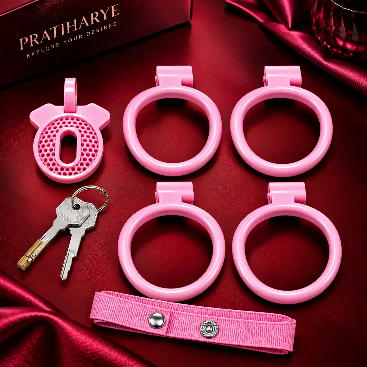 Plastic Chastity Cage with 4 Rings - Pink
