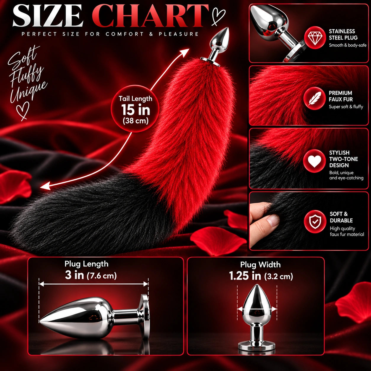 Red &amp; Black Furry Fox Tail Steel Butt Plug