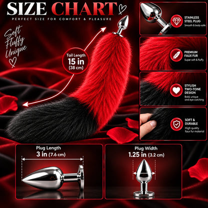 Red &amp; Black Furry Fox Tail Steel Butt Plug