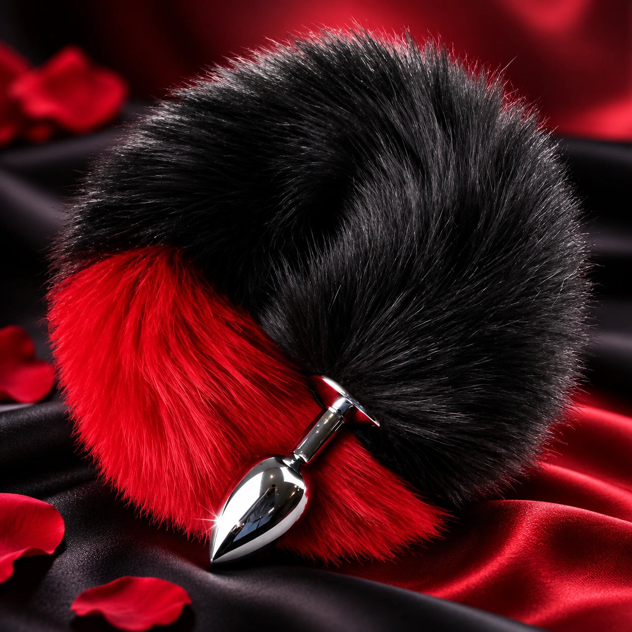 Black &amp; Red Furry Fox Tail Steel Butt Plug
