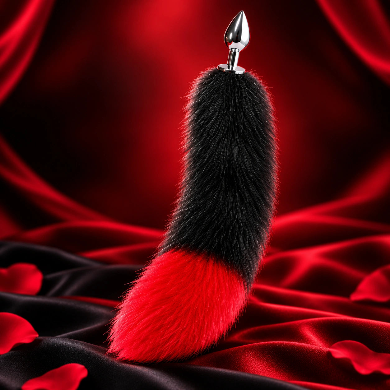 Black &amp; Red Furry Fox Tail Steel Butt Plug