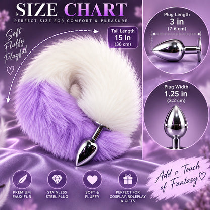 White &amp; Purple Furry Fox Tail Steel Butt Plug