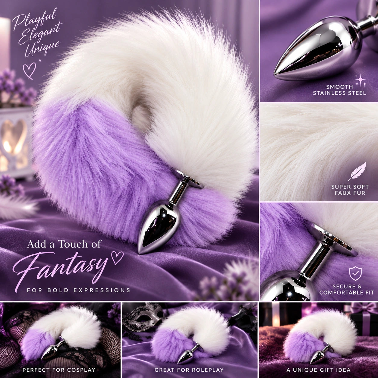 White &amp; Purple Furry Fox Tail Steel Butt Plug