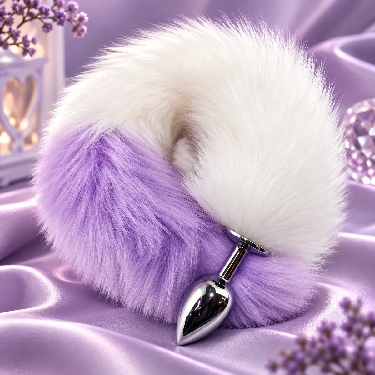 White &amp; Purple Furry Fox Tail Steel Butt Plug