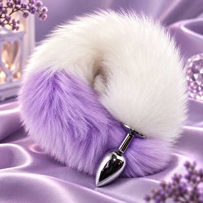 White &amp; Purple Furry Fox Tail Steel Butt Plug