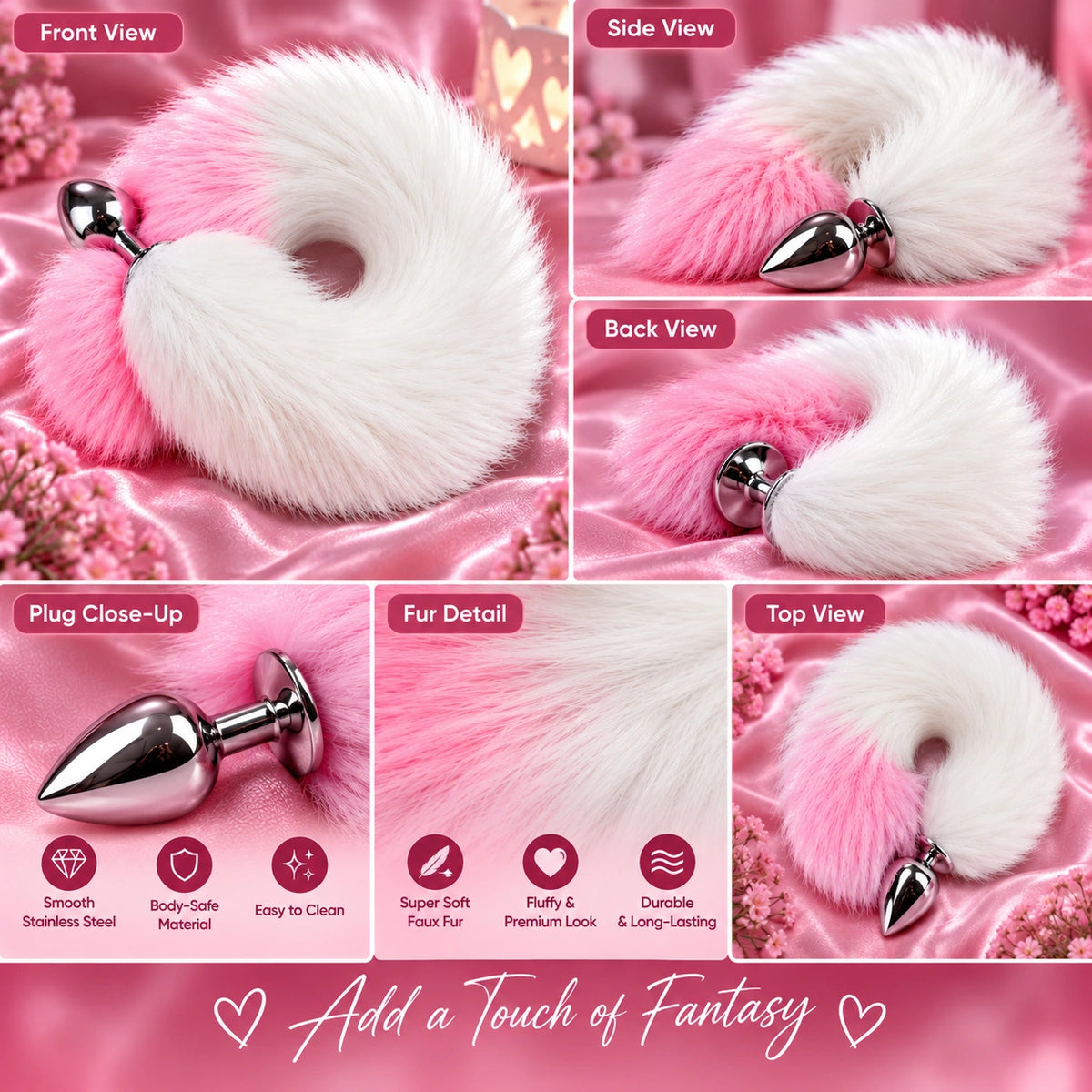 White &amp; Pink Furry Fox Tail Steel Butt Plug