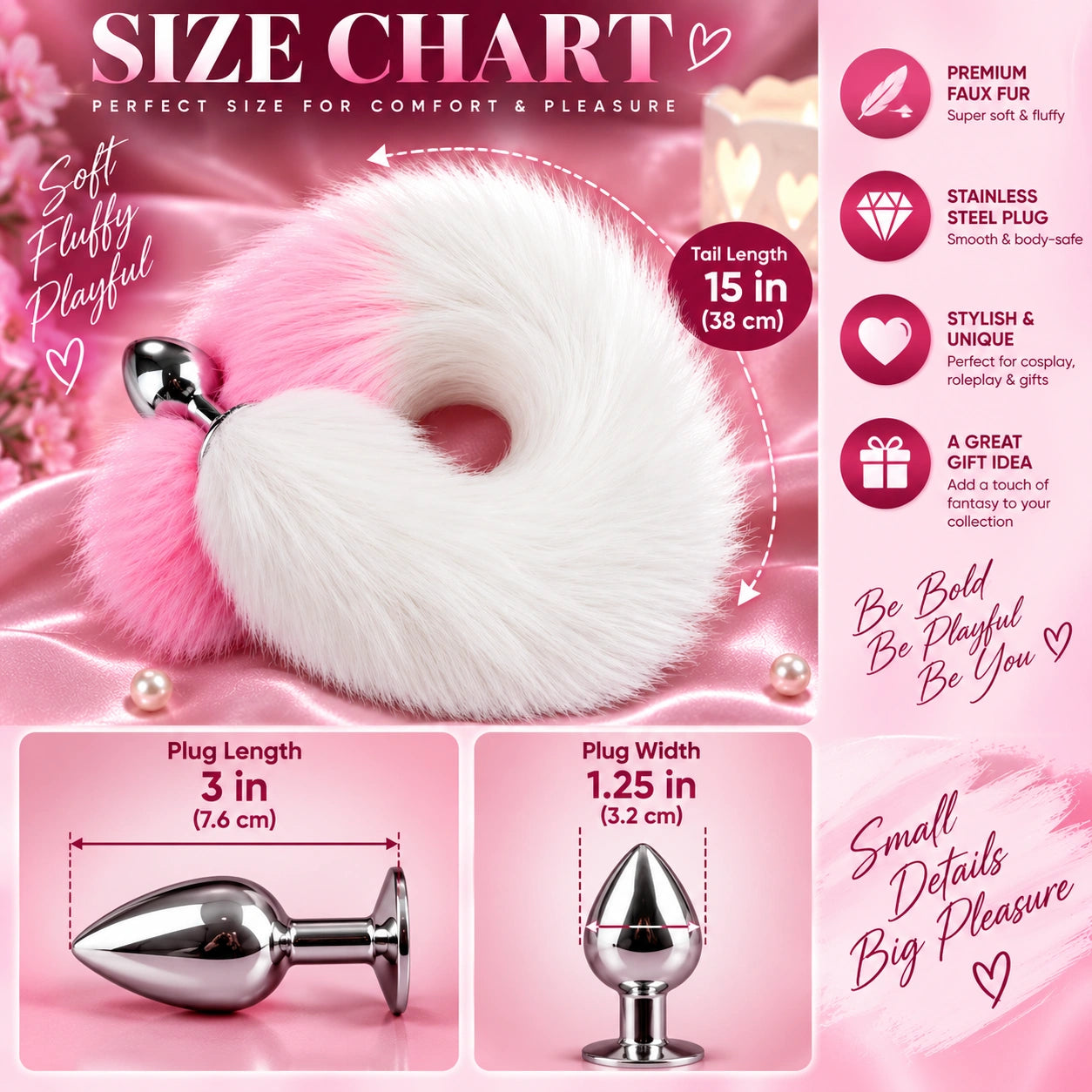 White &amp; Pink Furry Fox Tail Steel Butt Plug