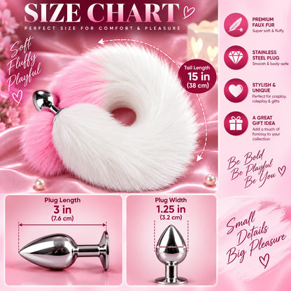 White &amp; Pink Furry Fox Tail Steel Butt Plug
