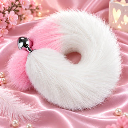 White &amp; Pink Furry Fox Tail Steel Butt Plug