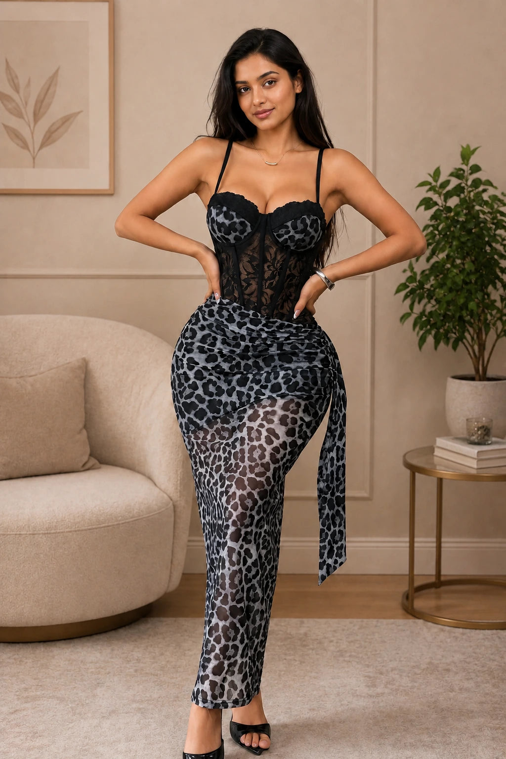 Sexy Leopard Print Lace Corset Midi Dress for Women