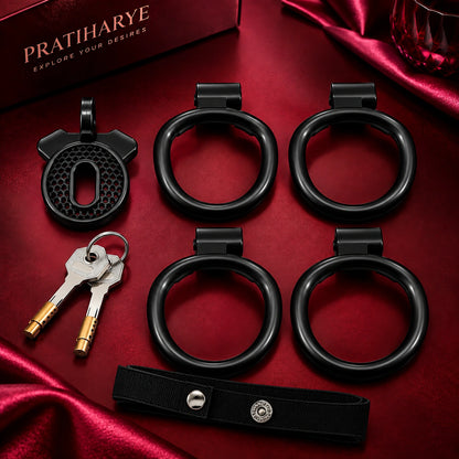 Plastic Chastity Cage with 4 Rings - Black
