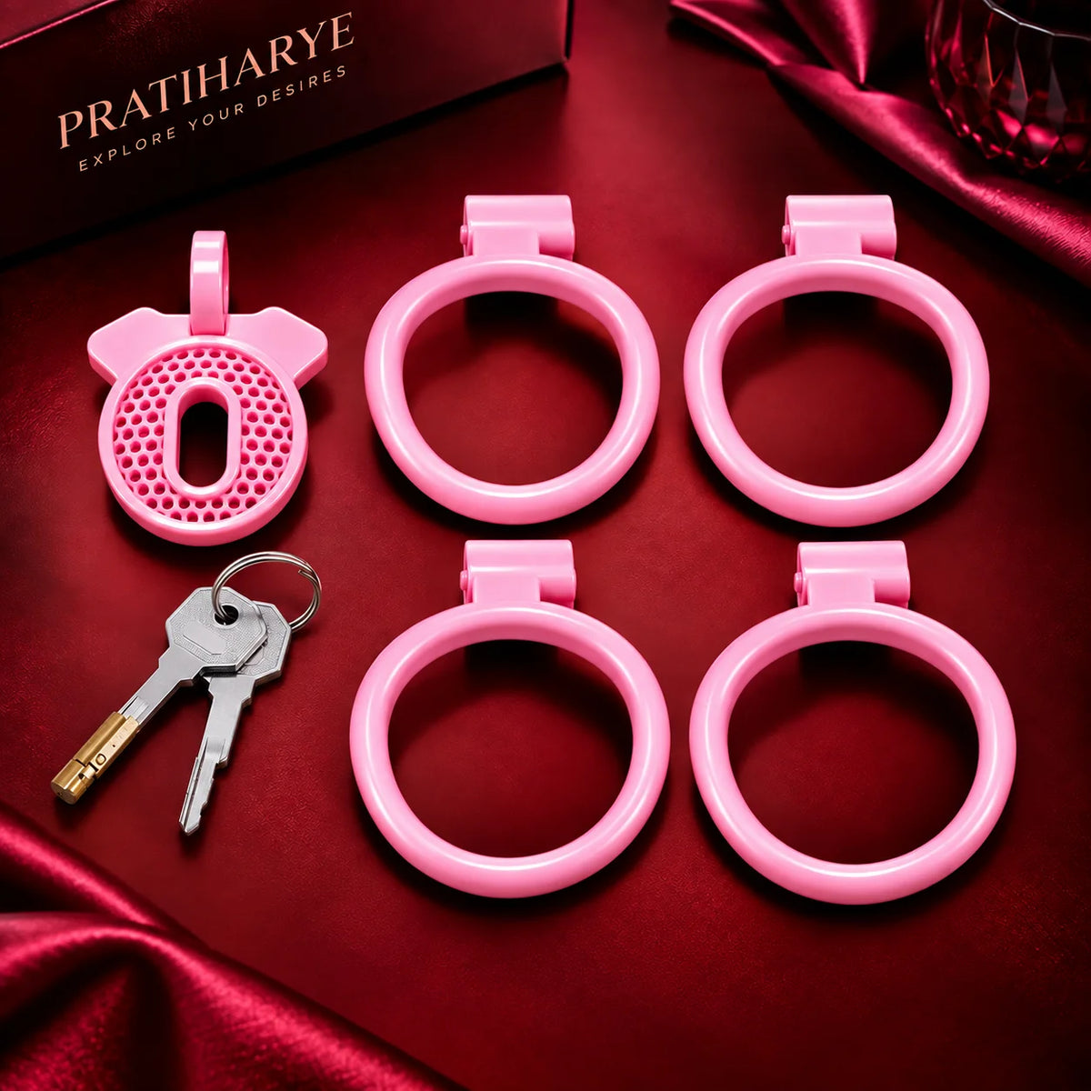 Plastic Chastity Cage with 4 Rings - Pink