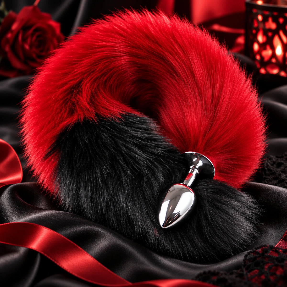 Red &amp; Black Furry Fox Tail Steel Butt Plug