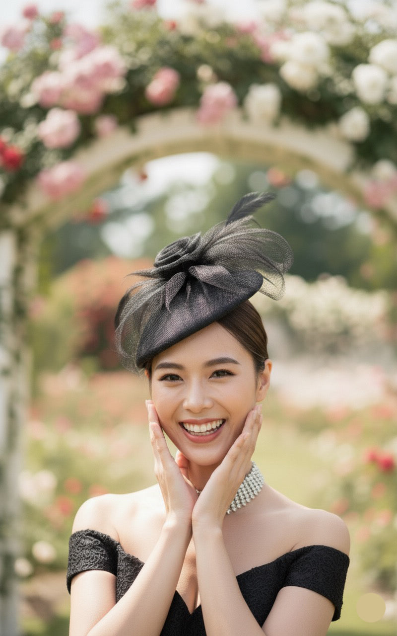 stylish party hats women
luxury fascinator hats
elegant women headwear
Classic Black Rose Fascinator Hat