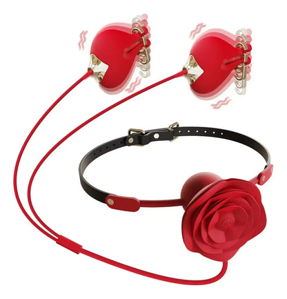Rose Gag Ball with Vibrating Nipple Clamps