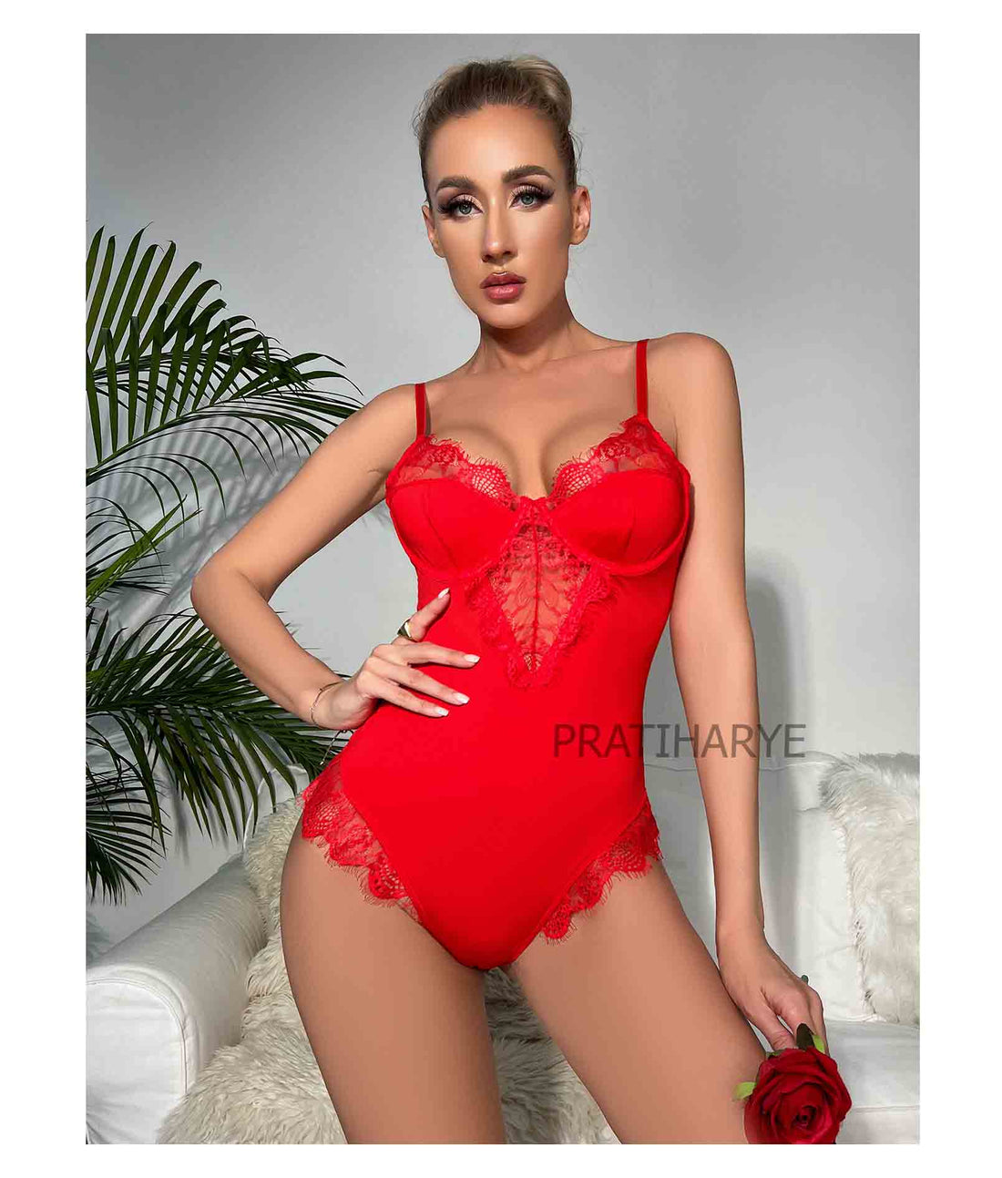 Solid Lace Neck Red Bodysuit