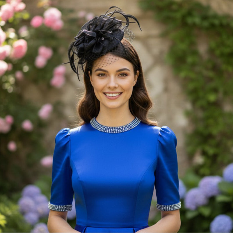 Pratiharye fascinator hats
women fascinator hats
bridal fascinator hat
wedding fascinator for women
Elegant Black Feather Fascinator with Net Veil