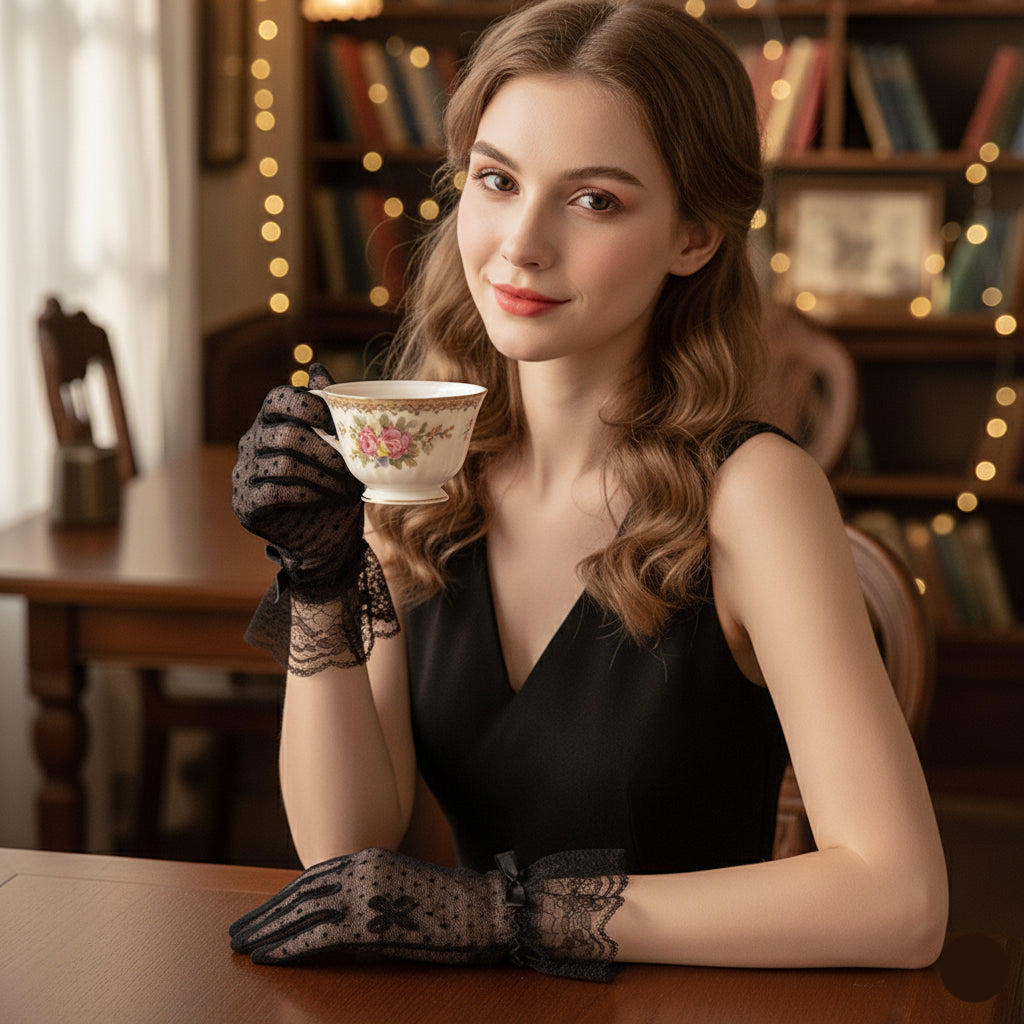 satin gloves for women
designer fashion gloves
women accessory gloves
Elegant Sheer Short Polka Dot Lace Gloves
