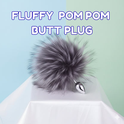 Stainless Steel Fluffy Pom Pom Butt/Anal Plug