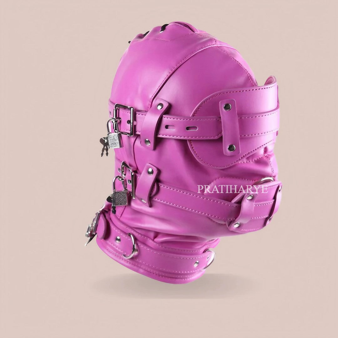 PU Leather Head Hood Blindfold Bondage with Dildo - Pink