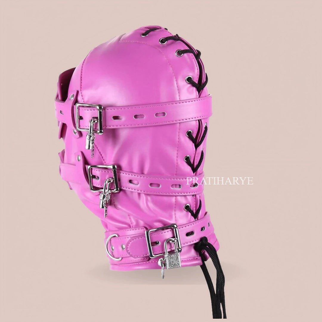 PU Leather Head Hood Blindfold Bondage with Dildo - Pink