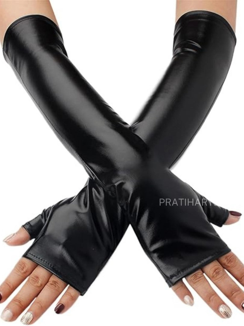 luxury women gloves
elegant long gloves
satin gloves for women
designer fashion gloves
Finger and thumb Cut Faux Leather Gloves
