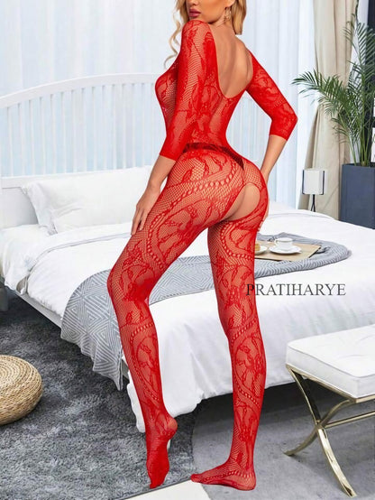 FullBody Fisnet Bodystocking | Crotchless in Red