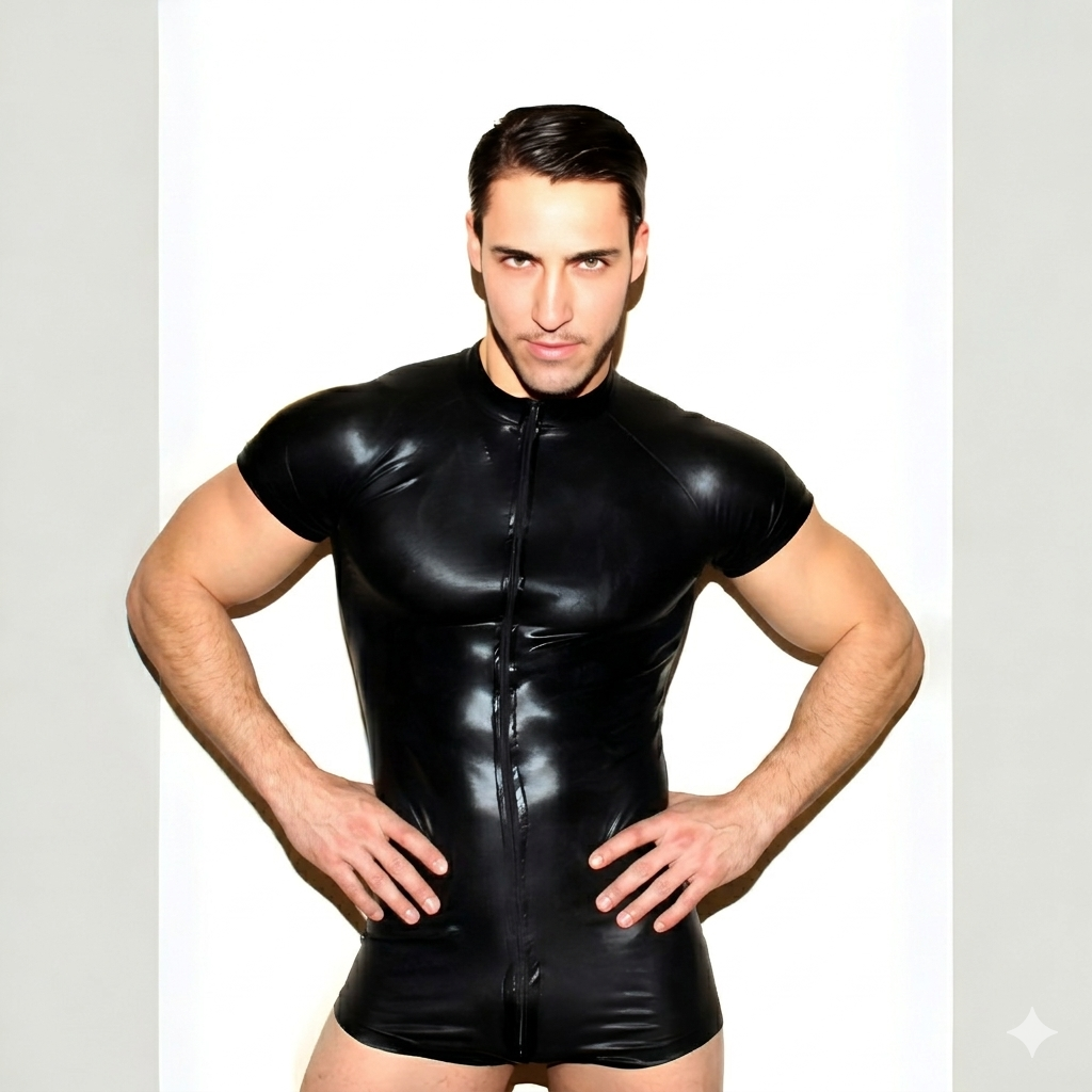 Men’s Faux Leather Bodysuit with Sheer Side Panels